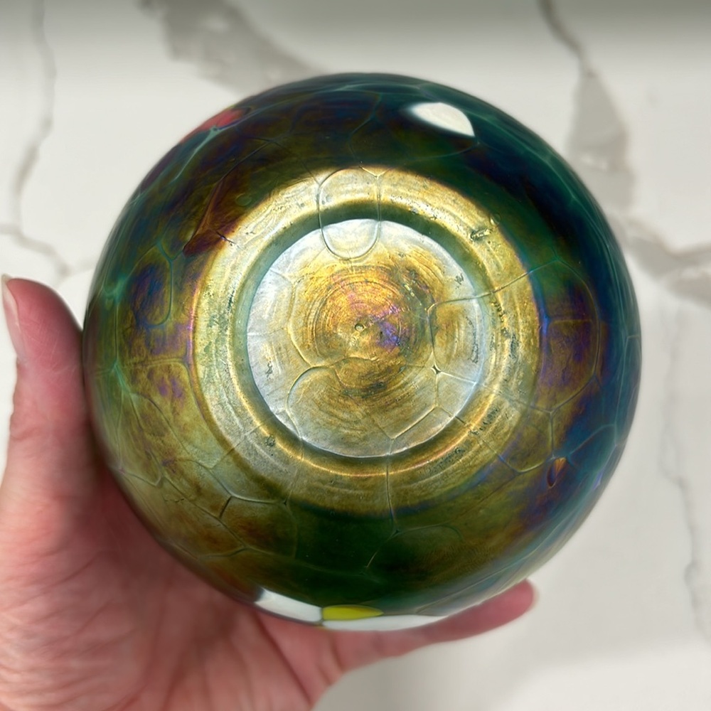 Handblown Iridescent Mosaic Art Glass Oil Lamp With Brass Top - Picture 13 of 14